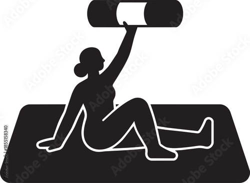 Woman practicing yoga sitting on mat holding weight roller fitness vector silhouette flat style