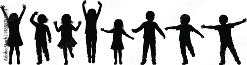 Happy children jumping and playing silhouette set, joyful kids movement, black vector illustration, childhood energy, fun, freedom, active lifestyle concept
