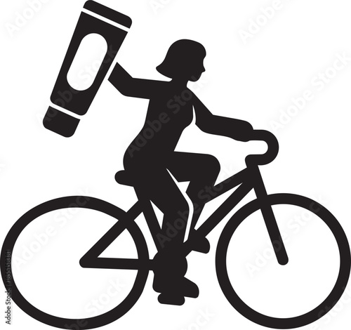 Woman riding bicycle and holding large tube of sunscreen or cream for sun protection