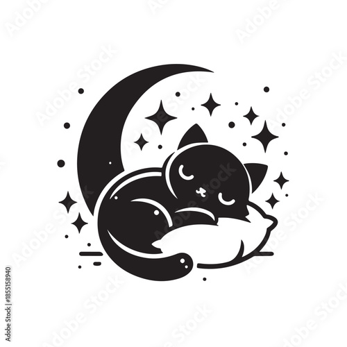 Sleeping cat logo with moon and stars vector illustration
