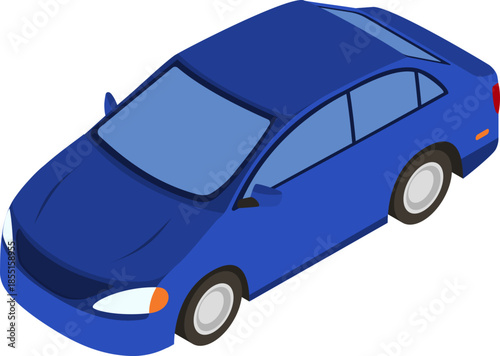 Isometric graphic illustration of a modern blue sedan car, showcasing a compact automobile for urban travel and personal transportation needs