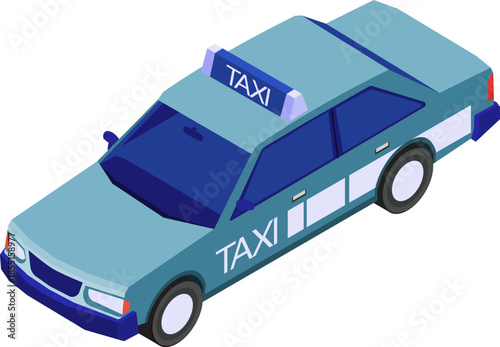Isometric view of a blue taxi car with 'TAXI' signage, representing urban transportation and public transit services