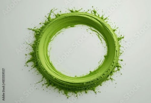 Matcha powder swirl — dynamic circular motion, fine green dust forming fluid waves, clean background, crisp texture focus.