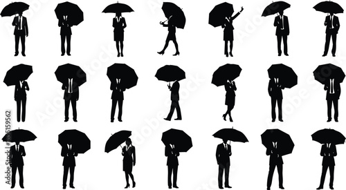 Collection of black silhouettes of business people and office workers holding umbrellas isolated on white background for rainy weather concepts.