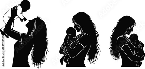 Set of three black silhouettes of mother holding and lifting baby, parenting family love concept, cad drawing flat vector illustration