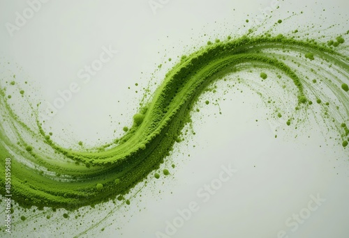 Abstract dynamic wave of vibrant matcha powder splashing and exploding in motion on a clean white background.