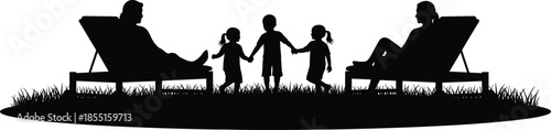 Happy family relaxing outdoors silhouette, parents resting on chairs while children holding hands, summer leisure, parenting love, minimal black white illustration