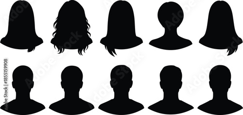 Collection of black silhouettes of diverse human head and shoulder profiles isolated on white background for social media user icons.
