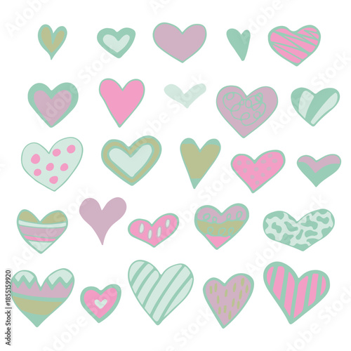 Decorative hearts set. Valentine's day symbols doodle hearts and elements. Hearts of different sizes, shapes and patterns. Isolated. Doodle. Vector illustration.
