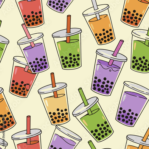 Colorful graphic pattern of various flavored bubble tea drinks in clear cups with lids and straws. A seamless repeating design of multiple colorful drinks with boba.