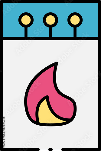Vibrant matchbox icon with bright flame, symbolizing warmth, light, and ignition. Essential tool for starting fires and illumination