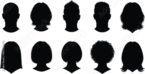 Collection of black silhouettes of diverse human heads with different hairstyles isolated on white background for social media user icons.