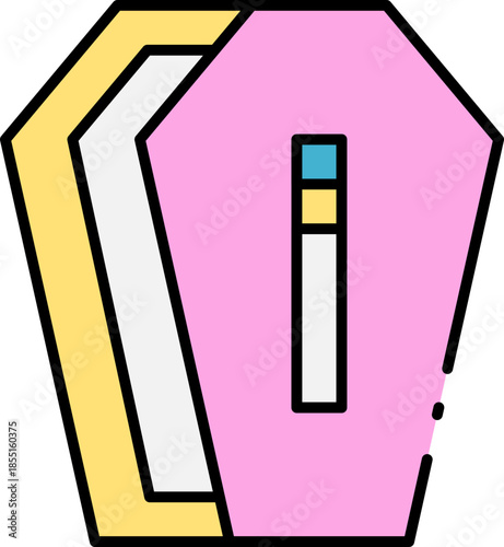 Pink coffin icon with yellow trim and a blue and yellow band across the front, representing a symbol for death or a similar concept