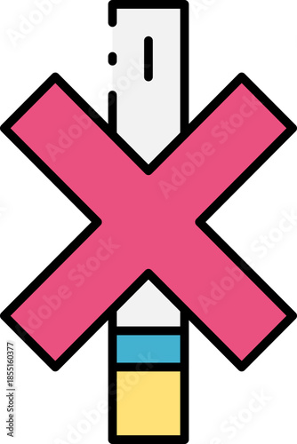 Red 'X' mark symbol with blue and yellow stripes on a vertical post - A graphic representation of negation or prohibition