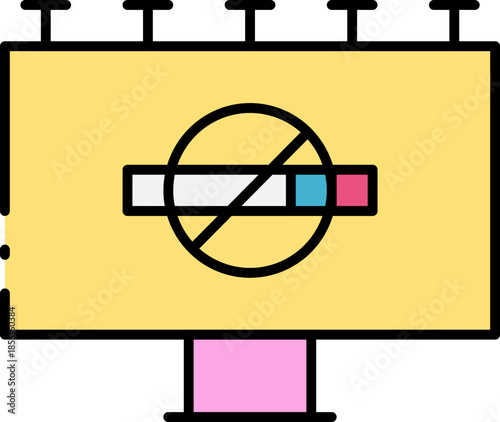 Illustration of a no smoking billboard with a cigarette icon in a prohibition circle and a pastel yellow background