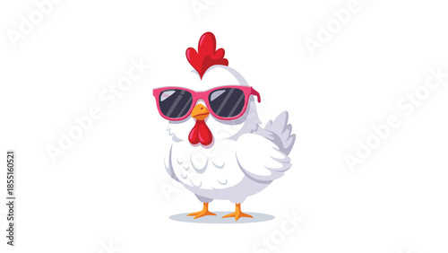 Adorable cartoon chicken wearing stylish pink sunglasses, standing confidently with a cool and cheerful expression on a white background.