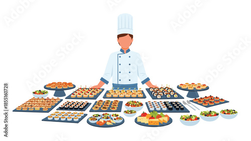 Professional chef standing behind a lavish buffet spread, showcasing a wide array of gourmet appetizers, canap�s, and sushi.