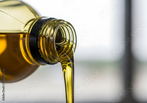 Golden cooking oil being poured from a bottle