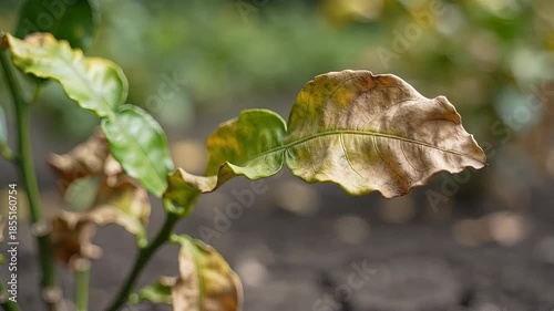 Close up of a plant with brown and green leaves showing signs of distress.