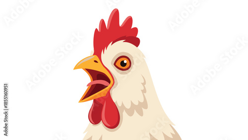 Close-up illustration of a white chicken's head with its beak open, depicting a surprised or talking expression.