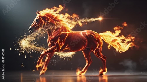 A magnificent, digitally rendered fiery stallion gallops, trailing intense orange energy and golden sparks across a dark, reflective studio floor.