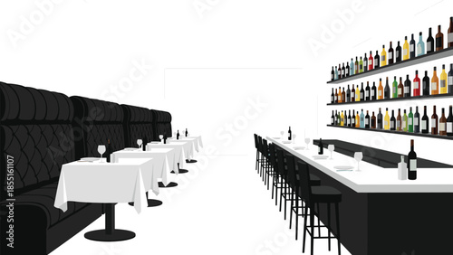 Empty upscale bar and restaurant interior with elegant black booth seating, white tablecloths, and a fully stocked bar.