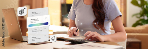 Adult Asian woman student learn financial planning online at home organize schedule for productivity education virtual training focus digital learning remotely modern study