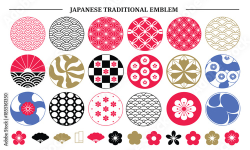 Large Vector Collection of Japanese Traditional Emblems, Mon Icons, and Geometric Patterns in Red, Black, and Gold for Cultural Design Elements