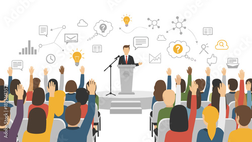 Dynamic conference or seminar with a speaker presenting ideas, surrounded by thought bubbles and icons, and an engaged audience raising hands.