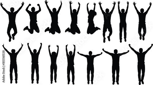 Collection of black silhouettes of happy people jumping and raising arms in celebration isolated on white background for success concepts.
