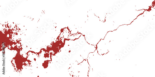 Red paint splashes and blood drops create a grunge splatter texture with red ink stains and liquid splats on a white vector art backdrop design
