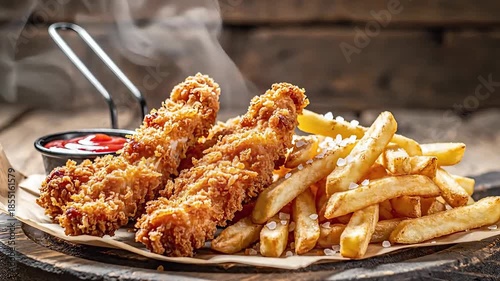 Crispy Fried Chicken Tenders and Golden French Fries with Ketchup on a Rustic Wooden Table.