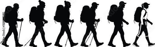 Collection of black silhouettes of hikers and backpackers walking with trekking poles isolated on white background for outdoor adventure travel.