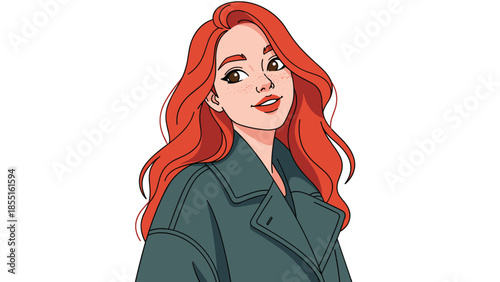 Beautiful young woman with long wavy ginger hair, wearing a stylish green coat and smiling warmly, looking away.