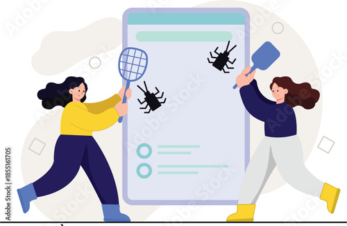 Two women analyzing bugs on tablet