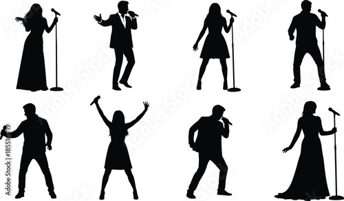 WebCollection of black silhouettes of male and female singers performing with microphones isolated on white background for live music concert.