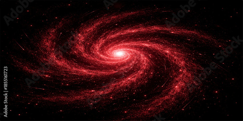 A vibrant red spiral galaxy swirls through deep space in a digital art illustration featuring a glowing fractal vortex of purple energy and shimmering stars on a textured black background