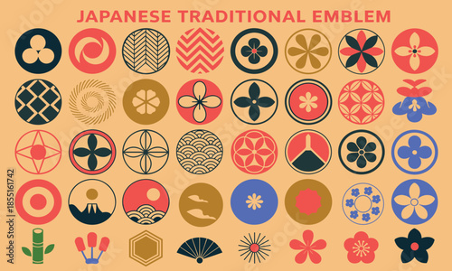 Bild auf Leinwand Extensive collection of traditional Japanese Monsho emblems and geometric patterns