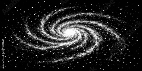 A black and white spiral galaxy in space forms a digital art wallpaper with a glowing star pattern and a swirling vortex texture across the dark night universe