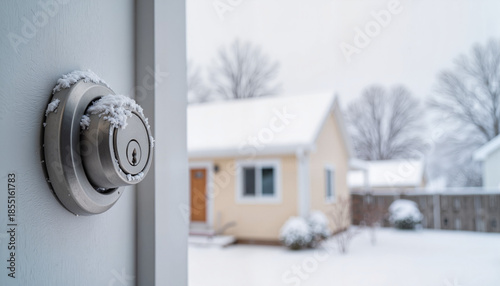 Snow-covered door lock with house in winter background