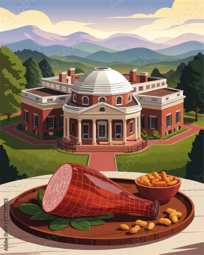 Gourmet ham and peanuts on wooden platter overlooking historic domed university building with scenic mountain landscape at sunset