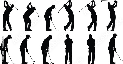 Collection of black silhouettes of male golfers swinging clubs and hitting balls isolated on white background for sports and recreation.