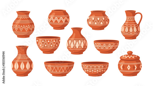 Set of diverse terracotta pottery, including vases and bowls, adorned with various traditional geometric patterns.