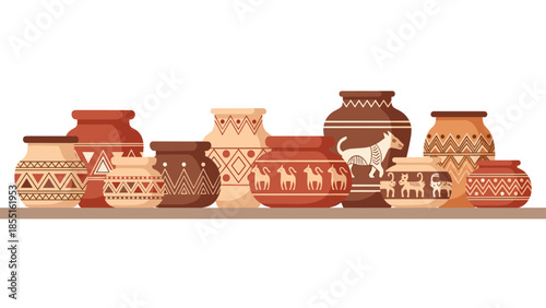 Diverse collection of ancient pottery with unique designs and patterns, including animal motifs, displayed on a shelf.
