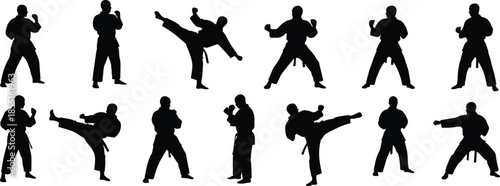 Collection of black silhouettes of martial artists practicing karate kicks and combat poses isolated on white background for sports and training.