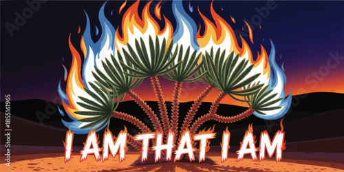 Burning bush illustration with flames and “I Am That I Am” text, Christian Bible Exodus scene at sunset desert, religious poster art