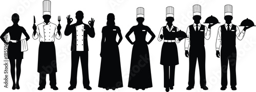 Collection of black silhouettes of professional chefs and restaurant waitstaff holding trays and kitchen tools isolated on white background for.