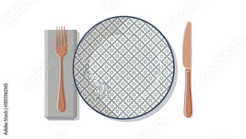 Stylish individual place setting featuring a decorative patterned plate, a rose gold fork, and a matching rose gold knife.