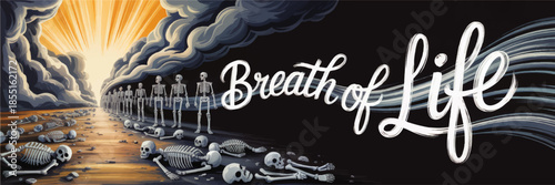 Breath of Life resurrection concept art with skeletons rising from valley of dry bones under dramatic light and storm clouds