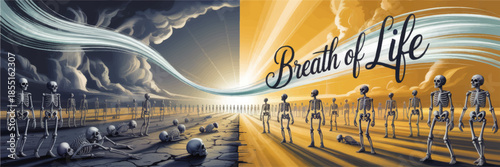 Surreal breath of life transforming skeletons from death to resurrection, dramatic sky illustration, hope and spiritual renewal concept